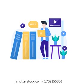 Man enjoys a online learning course to add new skills, vector illustration, suitable for landing page, ui, website, mobile app, editorial, poster, flyer, article, and banner