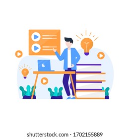 Man enjoys a online learning course to add new skills, vector illustration, suitable for landing page, ui, website, mobile app, editorial, poster, flyer, article, and banner