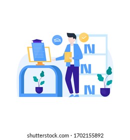 Man enjoys a online learning course to add new skills, vector illustration, suitable for landing page, ui, website, mobile app, editorial, poster, flyer, article, and banner