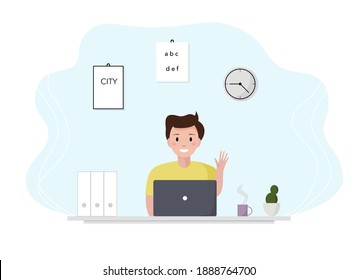 Man enjoys an online learning course. Home learning online and freelance. Vector illustration, suitable for landing page, ui, website, mobile app, editorial, poster, flyer, article, and banner. 