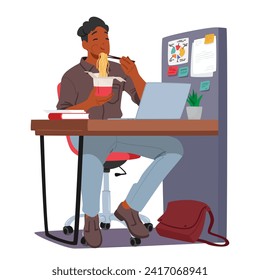 Man Enjoys A Quiet Workplace Meal. Male Character Savoring Flavors Amidst The Hum Of Productivity. A Brief Respite, Nourishing Body And Mind Amid The Daily Grind. Cartoon People Vector Illustration