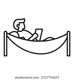 El hombre disfruta de relajarse en la hamaca mientras trabaja en la tableta, combinando ocio y productividad