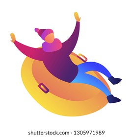Man enjoys riding snow rubber tubing vector illustration. Winter leisure activity, outdoor leisure, winter fun and vacation, tube sledding and winter holidays concept. Isolated on white background.