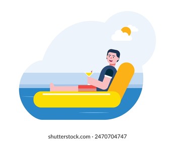 A man enjoys sitting on a balloon mat while drinking cocktails at a swimmingpool in summer. Character design. Vector flat illustration