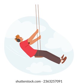 Man Enjoys Swinging On A Playground Swing, Male Character wear Headphones Feeling The Exhilarating Sensation Of Soaring Through The Air While Experiencing A Childlike Sense Of Joy And Freedom