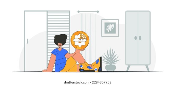 Hombre instalado en el suelo aferrándose a un vector. Ilustración del Internet de las cosas, aspecto moderno.