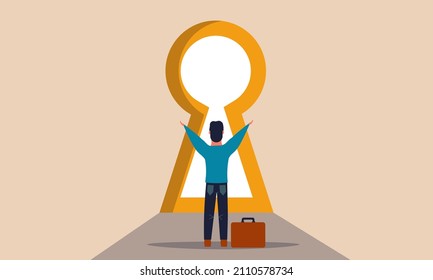 Man enter gate with door key and hand open future. People unlock chest and success way vector illustration concept. Career chance on business and hole freedom. Solve progress exit and opportunity door