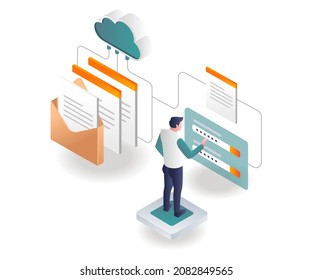 Man entering big data password in isometric illustration
