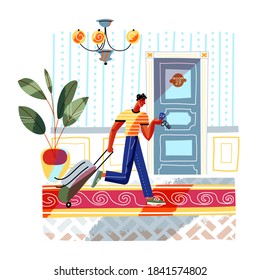 Man entering room with key in hotel. Guy standing with luggage at door in hall. Happy holiday vacation vector illustration. People staying at modern hotel, travel indoor scene.