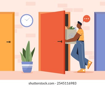 El hombre entra en el apartamento. Joven con una bolsa de verduras en sus manos entra a casa. Tareas rutinarias y domésticas. Persona con comestibles de entrada a la habitación. Ilustración vectorial plana