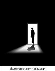 man enters a dark room, to illustrate concept of unknown and fear - halloween theme