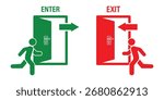 Man enters and exits the room through the door. Entry and exit sign. Vector