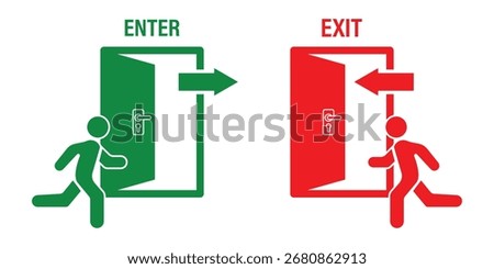 Man enters and exits the room through the door. Entry and exit sign. Vector