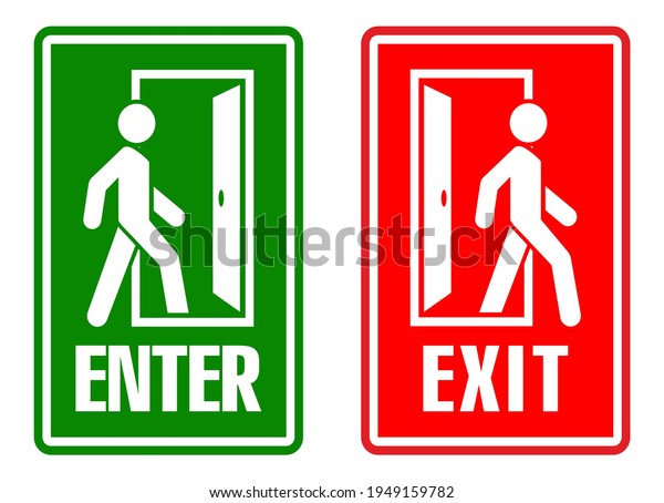 Man enters and exits the room through the door.\
Entry and exit sign.\
Vector