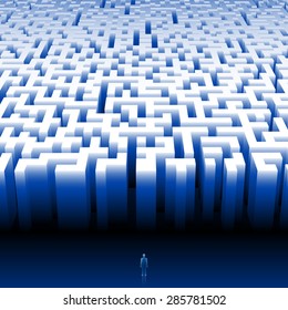 Man enters into a giant maze; Find your way; Make the right decision; Vector Eps8