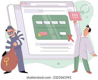 Man enters login and password, user logs into account, person uses computer. Hacker attack and cyber criminals phishing stealing private personal data, document and email hacking. Phishing and fraud