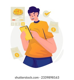 A man enters the number of ordering pizza online illustration