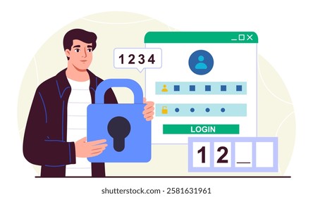 Man enters password. Young guy with padlock enter password and login. Internet security and personal data protection. Verification and authorization. Flat vector illustration