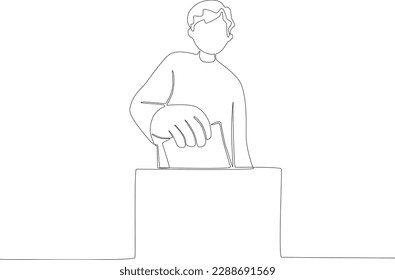 A man enters the voting results into the ballot box in front of him. Vote one-line drawing