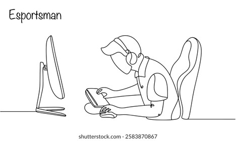 A man is enthusiastically playing a game on the computer. Professional computer game player. Profession esportsman. Isolated vector for different uses.