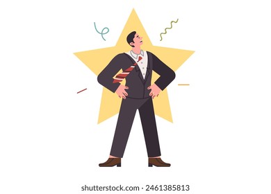 Man entrepreneur became superstar thanks to business ideas and leadership ambitions. Young guy entrepreneur is proud of receiving status of team leader or best employee of corporation.