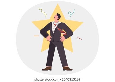 Man entrepreneur became superstar thanks to business ideas and leadership ambitions. Young guy entrepreneur is proud of receiving status of team leader or best employee of corporation.