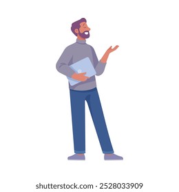 Personagem do homem empreendedor de pé com a ilustração do vetor do laptop