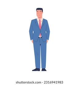 Man Entrepreneur and Office Employee Standing in Blue Suit and Smiling Vector Illustration