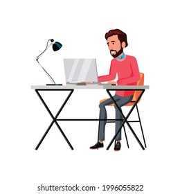 man entrepreneur working on laptop at table cartoon vector. 