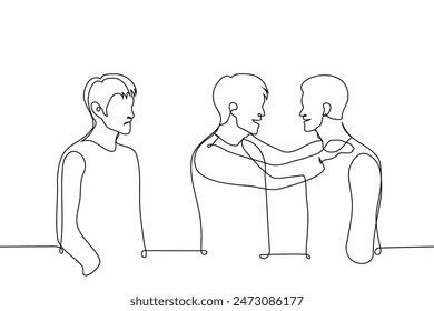 man envies the joyful mutual meeting of two close men - one line art vector. concept of man hating his boyfriend's male friend, jealous of a friend, man upset about gays. Handmade vector not AI