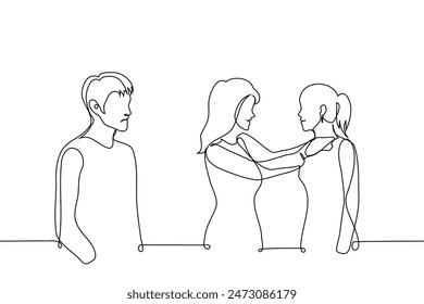 man envies the joyful mutual meeting of two close women - one line art vector. concept of man hating his girlfriend's female friend, misogynist, man upset with lesbians. Handmade vector not AI