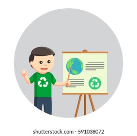 man environmental activist giving presentation in circle background