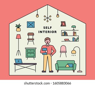 A man envisions a self interior. Furniture icons and a man are placed inside the house frame. flat design style minimal vector illustration.