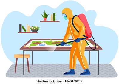 A man from epidemiological service doing disinfection livingroom with board game on the table to kill viruses and bacteria. Male character in a protective suit sprays a room with disinfectant solute