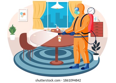 A man from epidemiological service doing disinfection in restaurant or livingroom to kill viruses and bacteria flat vector. Male character in a protective suit sprays a room with disinfectant solute