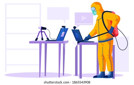 Man from epidemiological service doing disinfection at recording studio to kill viruses and bacteria flat vector illustration. Male character in protective suit sprays a room with disinfectant solute