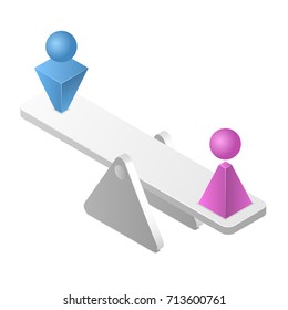 Man equal to woman on a scale. Gender equality concept isolated on white background. Isometric vector illustration