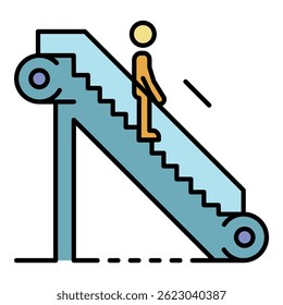 Hombre escalera mecánica abajo icono. Esquema hombre escalera mecánica abajo Vector icono de color plano aislado en blanco