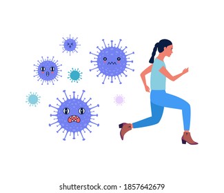 Man escapes from coronavirus. Coronavirus control concept. Vector illustration in a flat style