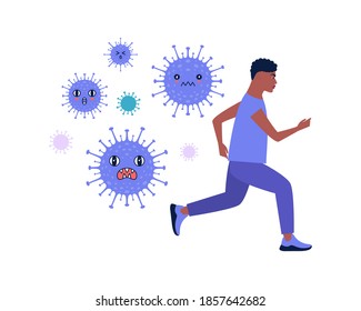 Man escapes from coronavirus. Coronavirus control concept. Vector illustration in a flat style