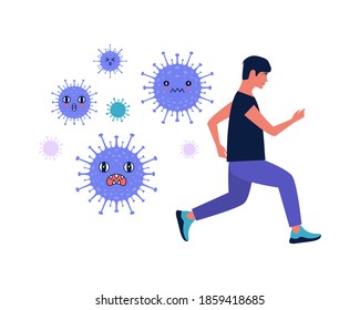 Man escapes from coronavirus. Coronavirus control concept. Vector illustration in a flat style