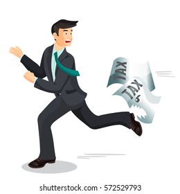 Man escaping from paper taxes that bites him. Tax dodging, non-payment concept. Vector illustration of running male person wearing black business suit, that does not pay taxes and is afraid of them.