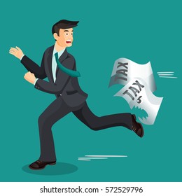 Man escaping from paper taxes that bites him. Tax dodging, non-payment concept. Vector illustration of running male person wearing black business suit, that does not pay taxes and is afraid of them.