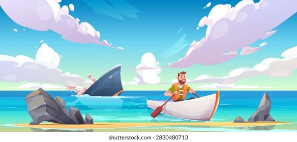 Man escaping from sinking ship after shipwreck accident, vessel run aground in ocean, going under water surface, character in life vest rowing in boat to beach with rocks. Cartoon vector illustration