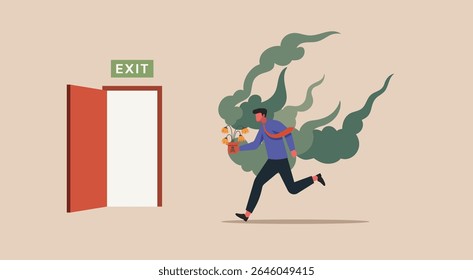 Man escaping a toxic work environment while holding a withered plant emitting poisonous smoke, concept of emotional decay, chronic stress, and slow growing, vector flat illustration