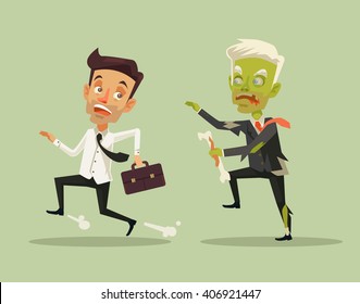 Man escaping zombie. Vector flat cartoon illustration