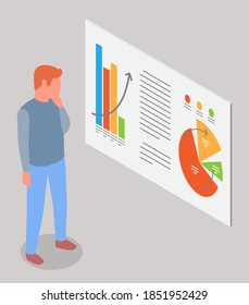 Man estimates demand indicators on presentation board with charts and graphs, marketing concept. Businessman seller watching sales statistics. The buyer analyzes the price of the goods on graph