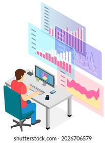 El hombre estima indicadores estadísticos sobre la presentación con gráficos y gráficos, concepto de marketing. Un vendedor de negocios observa las estadísticas de ventas en una laptop. El comprador analiza el precio de las mercaderías en un gráfico