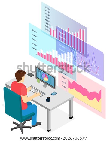 Man estimates statistical indicators on presentation with charts and graphs, marketing concept. Businessman seller watching sales statistics in laptop. The buyer analyzes price of goods on graph
