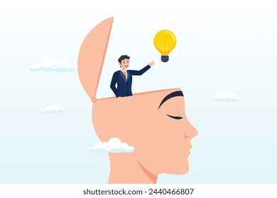 Man with eureka moment discover lightbulb idea in his head, eureka moment discover new idea or solution to solve problem, business insight, inspiration or creativity innovation, Aha moment (Vector)